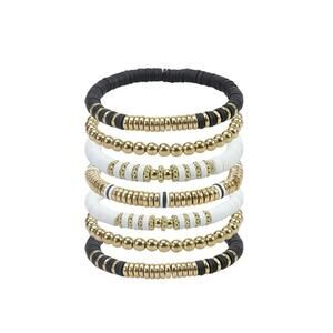 Black and Gold Beaded Stretch Clay Heishi Stackable Polymer Bracelet 7 pcs